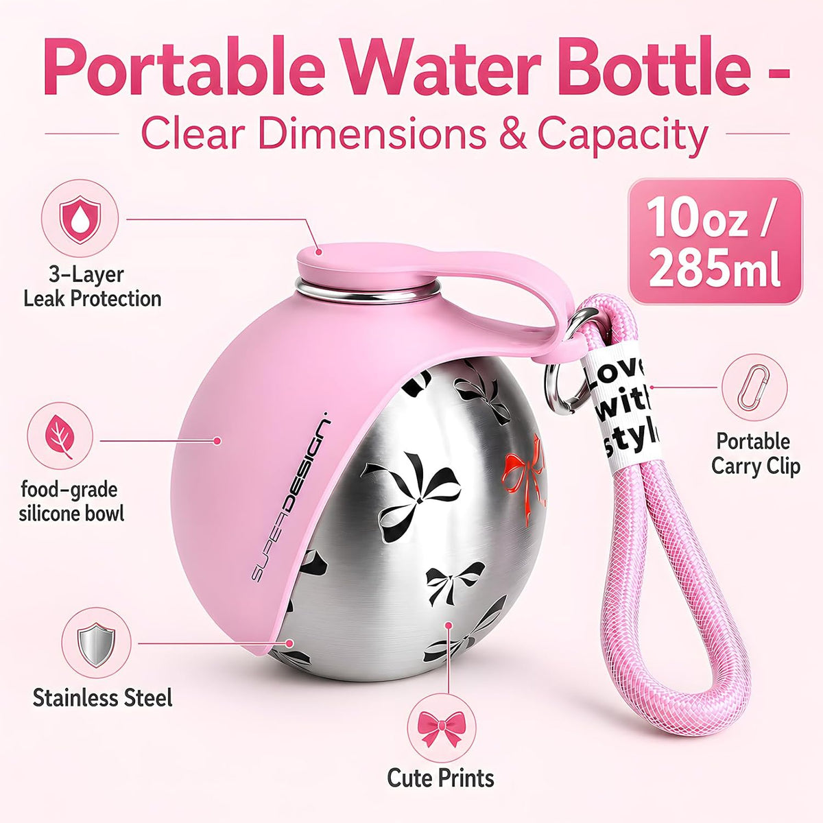 Portable Dog Water Bottle, 2-in-1 Stainless Steel Pet Water Dispenser with Bowl, Leak Proof, Lightweight with Lanyard,Water Bottle for Walking Travel Hiking,10oz for Small Medium Dogs