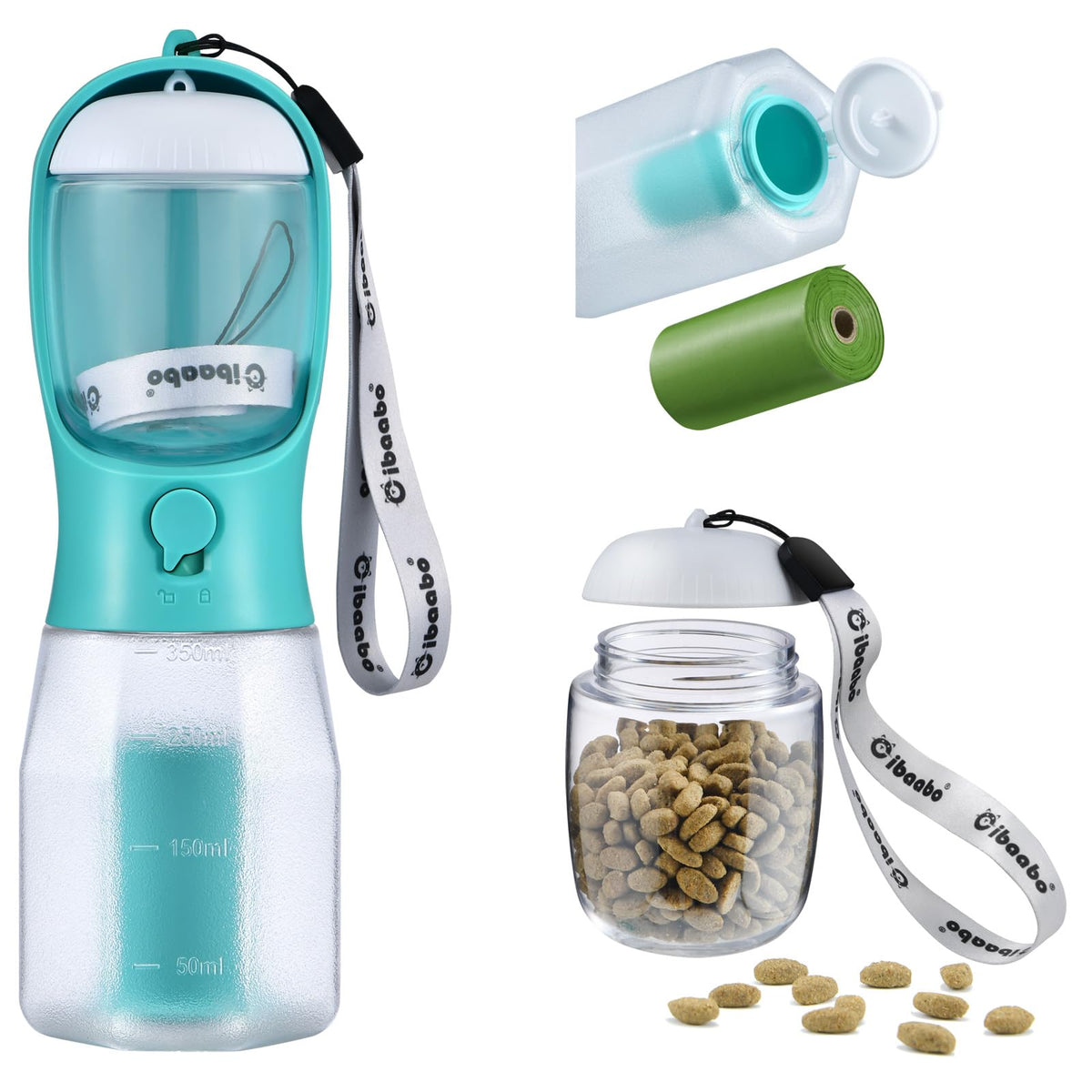Cibaabo Dog Water Bottle with Food Container & Poop Bag Holder & Filter