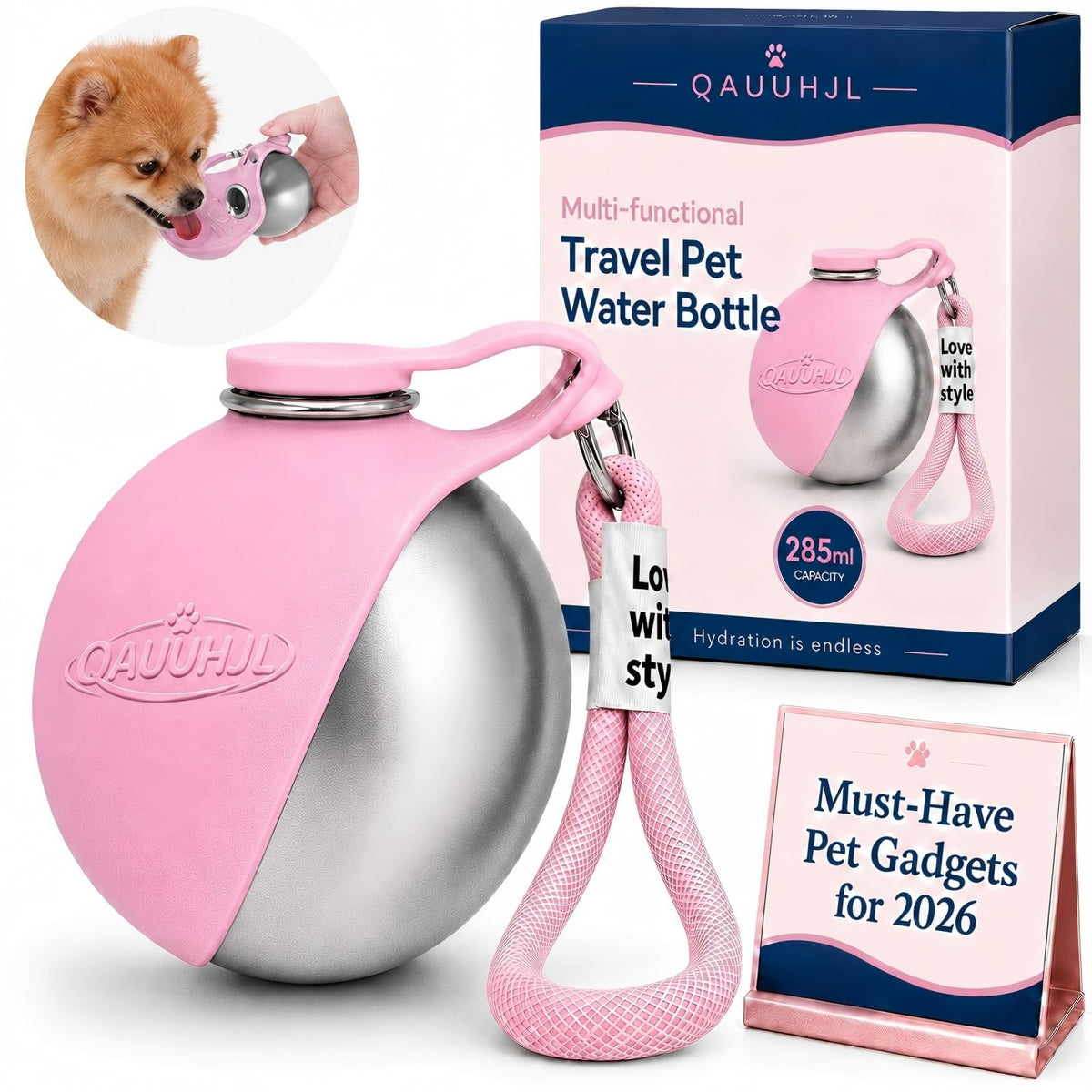Dog Water Bottle Portable Travel Pet 2-in-1 Stainless Steel Bowl