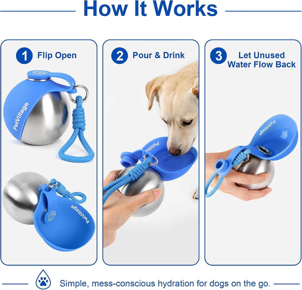 2-in-1 Dog Water Bottle with Foldable Bowl, Portable Leak-Proof Pet Travel Water Dispenser, Stainless Steel Dog Hydration Bottle for Walking, Hiking, Small Dogs & Puppies, PawSip Blue 10oz