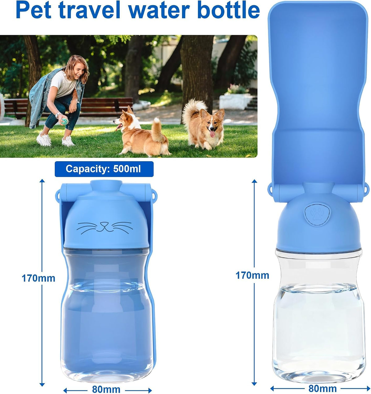 Amerisun Dog Water Bottle16.9 OZ Collapsible Leak-Proof Pet Water Bowl