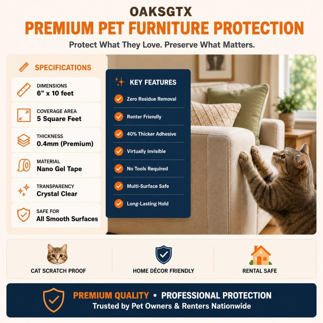 Furniture Protectors from Cats Scratching | Cat Scratch Furniture Protector Couch, Sofa & Door Protector | Sticky Paws Tape for Cats | Clear Anti-Scratch Vinyl Tape | 6" x 10ft, No Residue