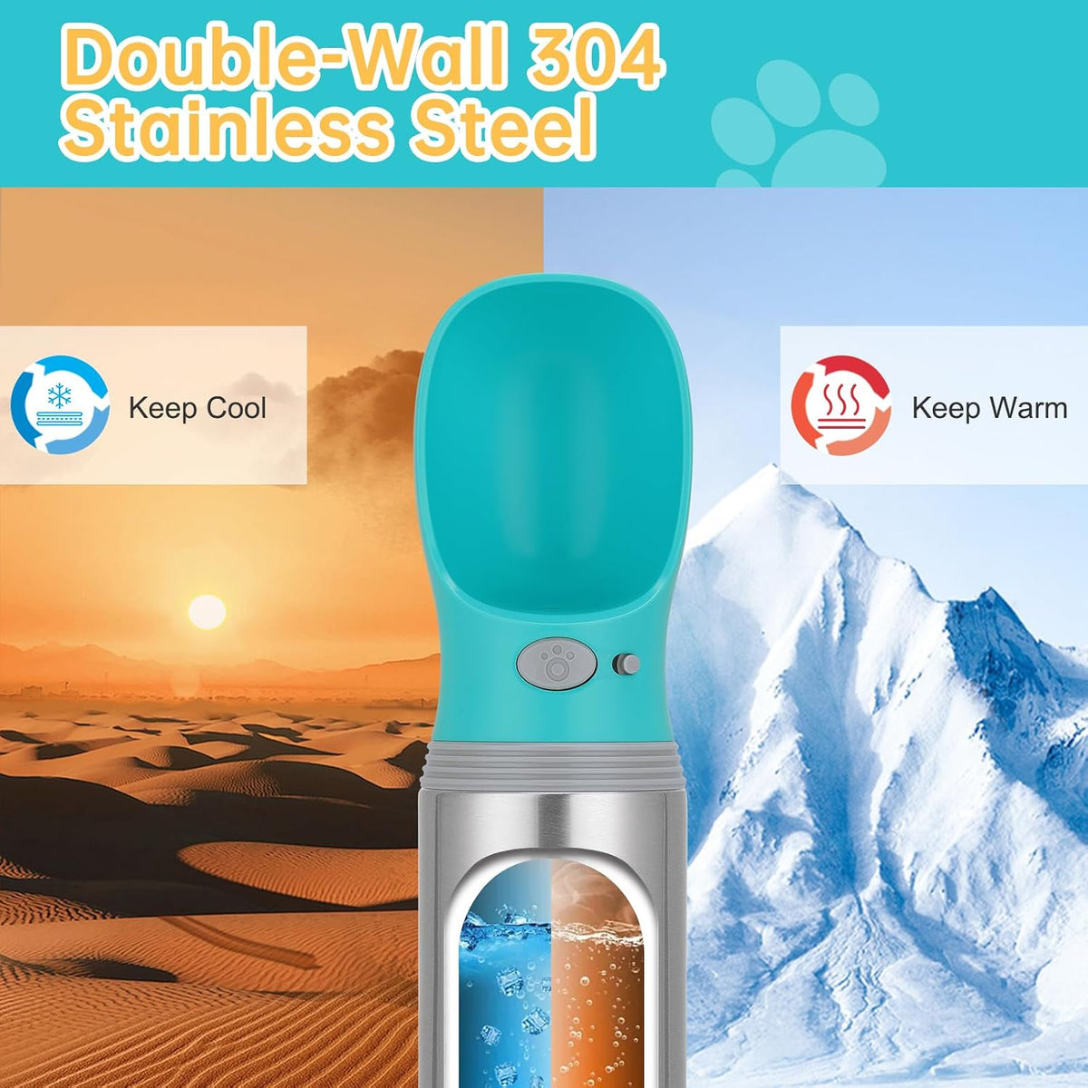 Portable Dog Water Bottle, 14 OZ Stainless Steel Pet Water Dispenser