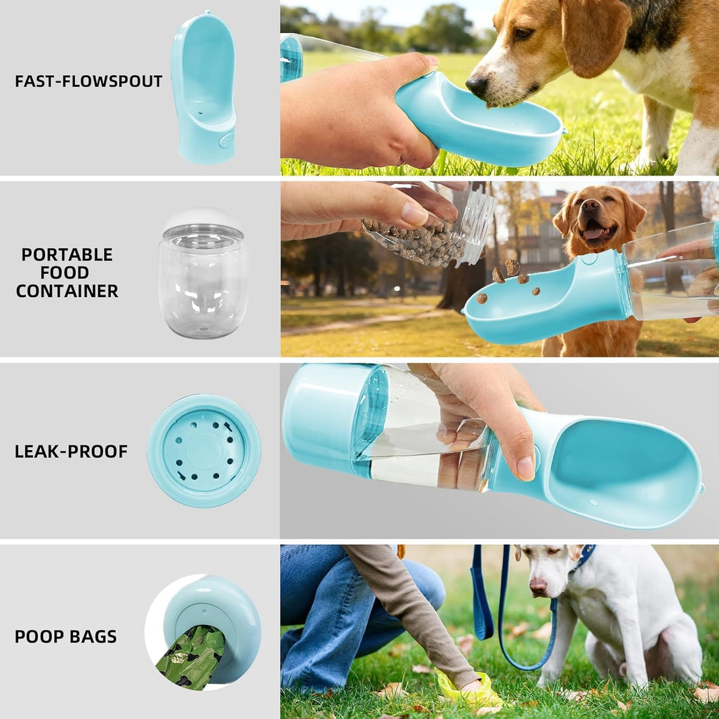 Portable Dog Water Bottle with Bowl, Food Container & Poop Bag Holder, 13.5 oz, Leak Proof Travel Pet Water Bottle for Dogs & Cats, Food Grade Plastic Dispenser for Walking, Hiking & Camping (Pink)