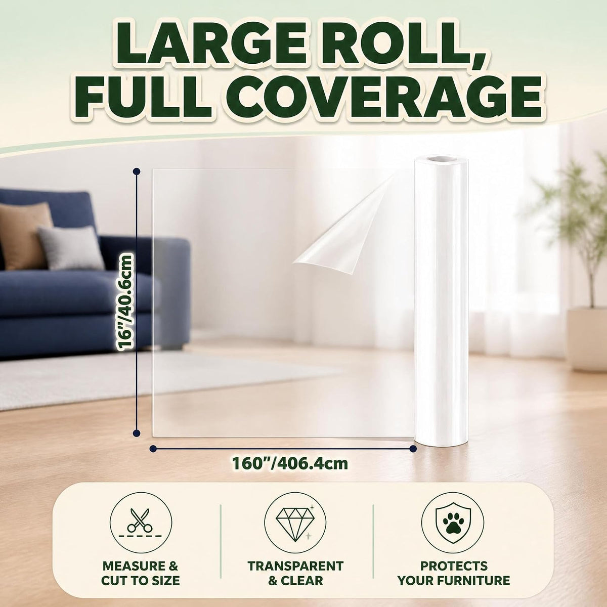 Anti Cat Scratch Furniture Protector 16in x 160in, 0.2mm Thicker Clear Vinyl Tape, Couch Protector from Cat Claws, Flexible Corner Guard for Sofa Bed Door, Cut to Size with Grid Lines