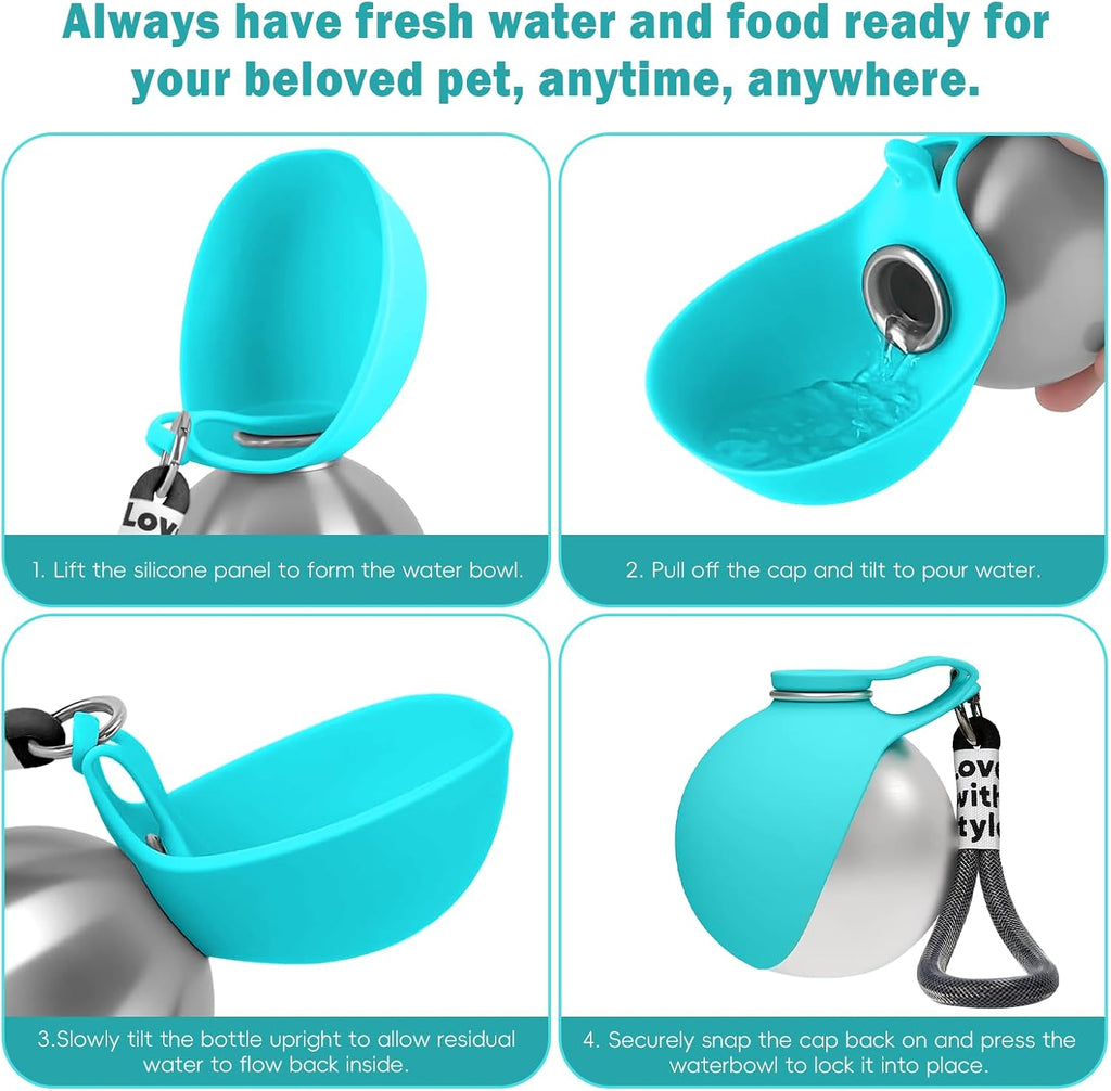 2in1 Portable Dog Water Bottle Portable,10oz Stainless Steel Leak Proof Pet Water Bottle Portable Dog Water Bottle Silicone Bowl,Outdoor Travel Water Bottle for Dogs Walking Hiking Camping, Blue