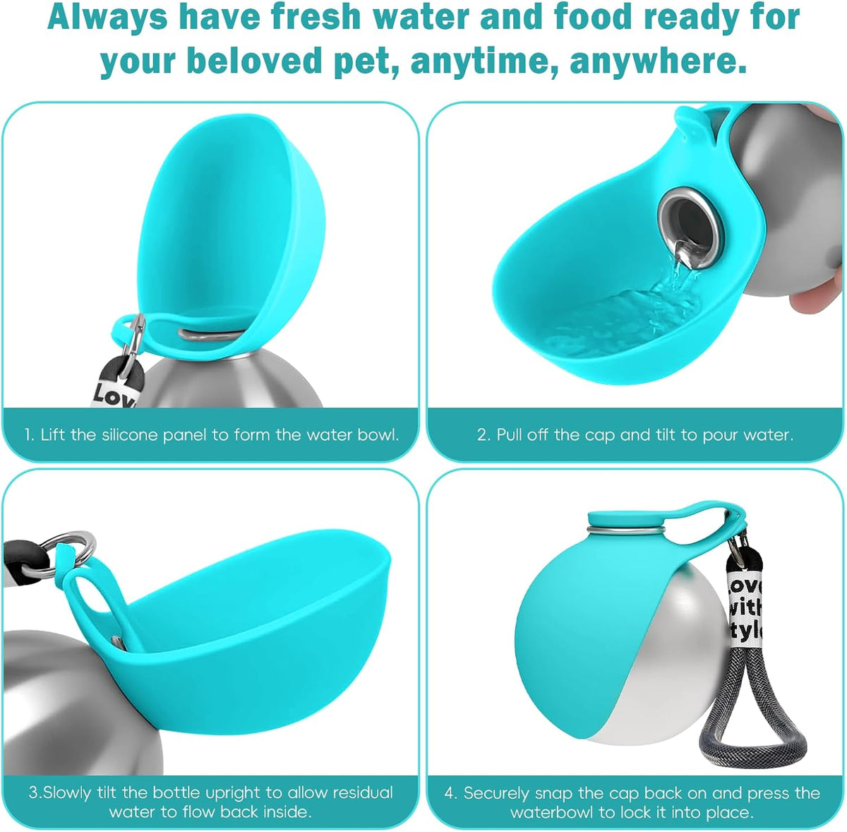 2in1 Portable Dog Water Bottle Portable,10oz Stainless Steel Leak Proof Pet Water Bottle Portable Dog Water Bottle Silicone Bowl,Outdoor Travel Water Bottle for Dogs Walking Hiking Camping, Blue
