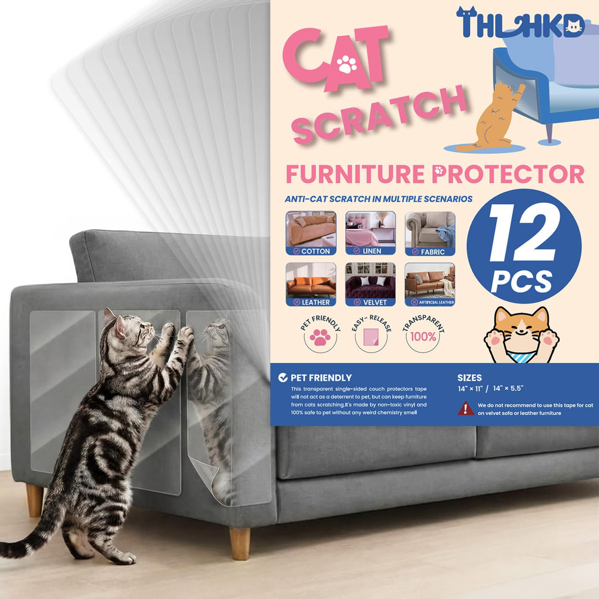 12PCS Cat Scratch Furniture Protector, Single Sided Couch Protectors Tape from Cats Claws Scratching, Transparent Sticky Sheets Proof Clawing Sofa Corner Protection Cover Anti Scratch for Furniture