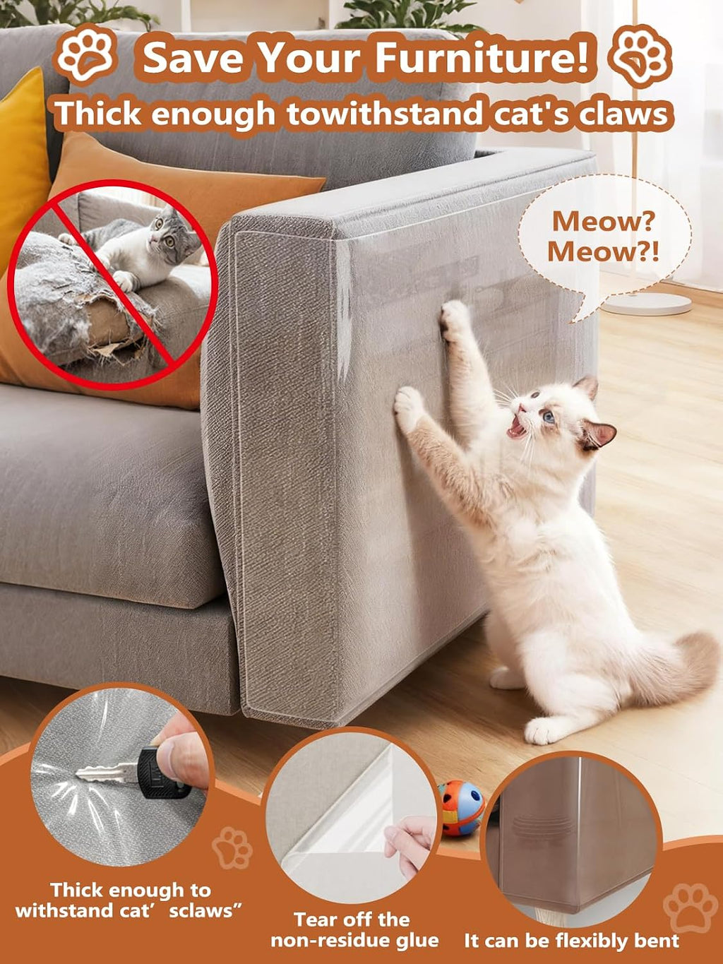 Extra Thick Clear Anti Cat Scratch Furniture Protector 17" x 197"