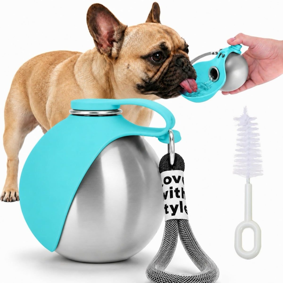 Portable Dog Water Bottle with Collapsible Silicone Bowl & Cleaning Brush