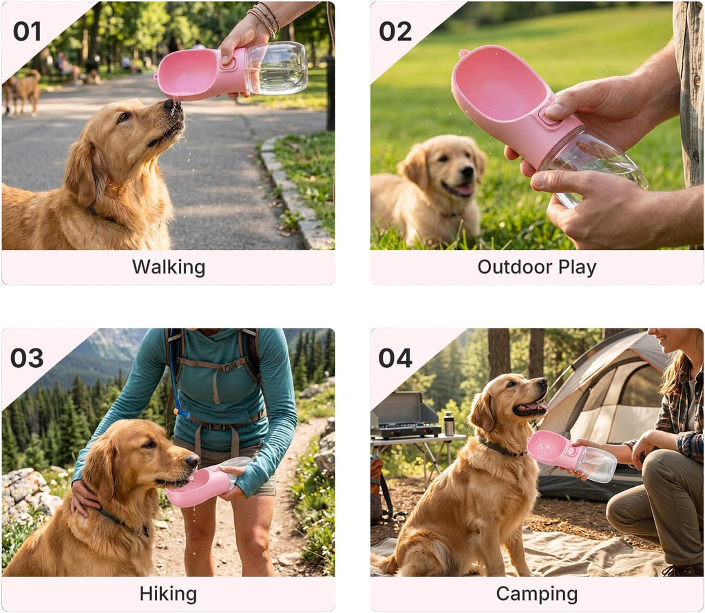 Portable Dog Water Bottle, Leak Proof Pet Water Dispenser with One-Button Water Release, O-Shaped Drinking Trough, 10 OZ Travel Water Bottle for Walking Hiking