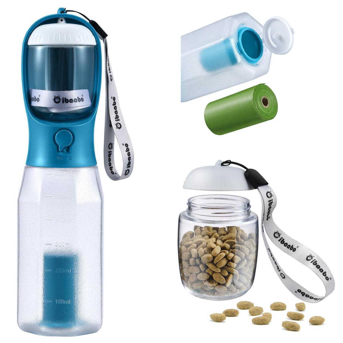 Cibaabo Dog Water Bottle with Food Container & Poop Bag Holder & Filter
