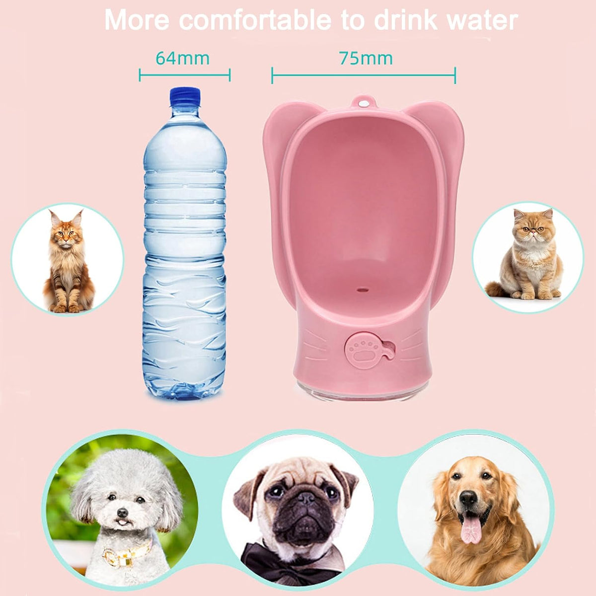 Pet Cat Puppy Dog Travel Water Bottle Dispenser with Food Container, Portable Dog Water Bottle for Walking Hiking Outdoor, Pink, 350ml/12oz
