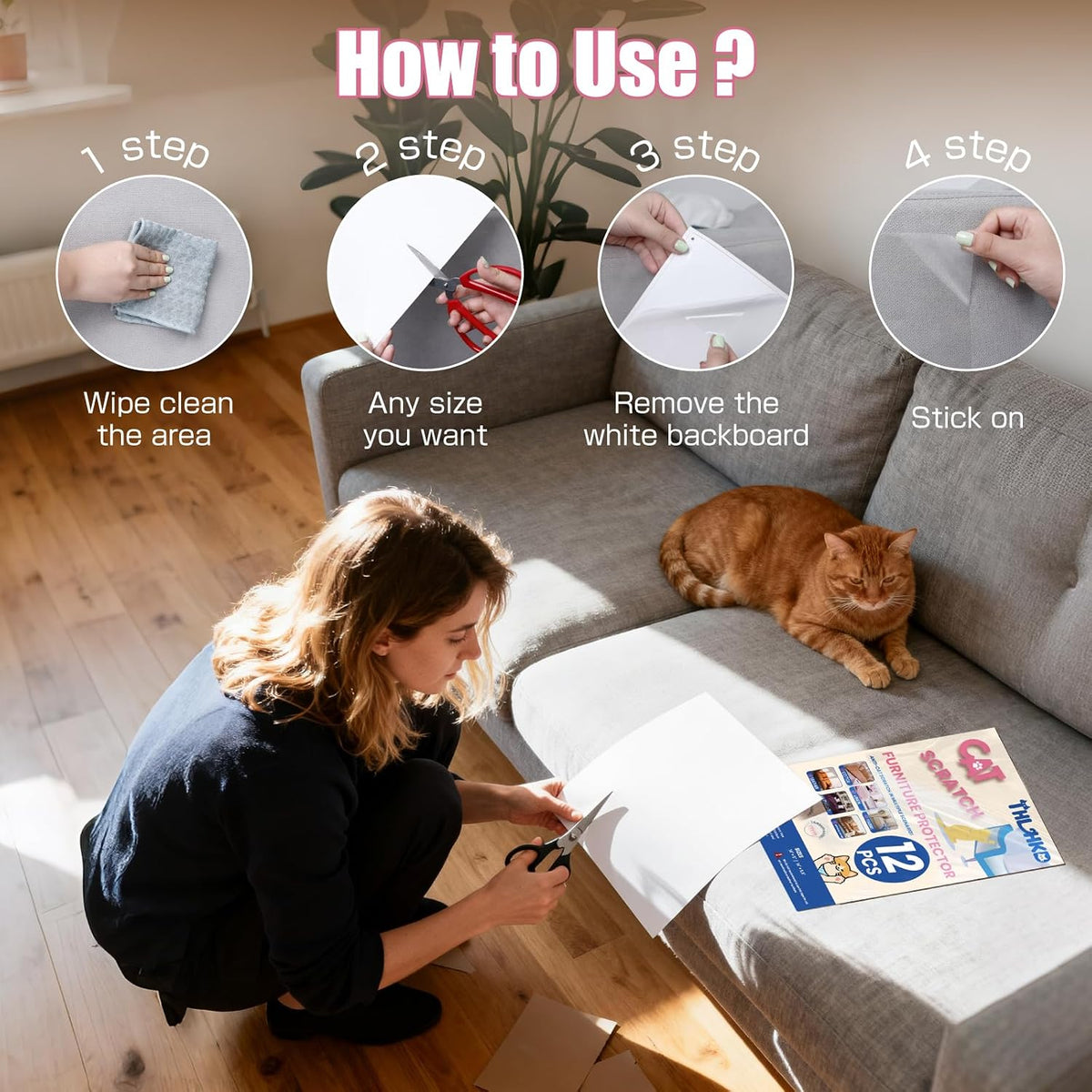 12PCS Cat Scratch Furniture Protector, Single Sided Couch Protectors Tape from Cats Claws Scratching, Transparent Sticky Sheets Proof Clawing Sofa Corner Protection Cover Anti Scratch for Furniture