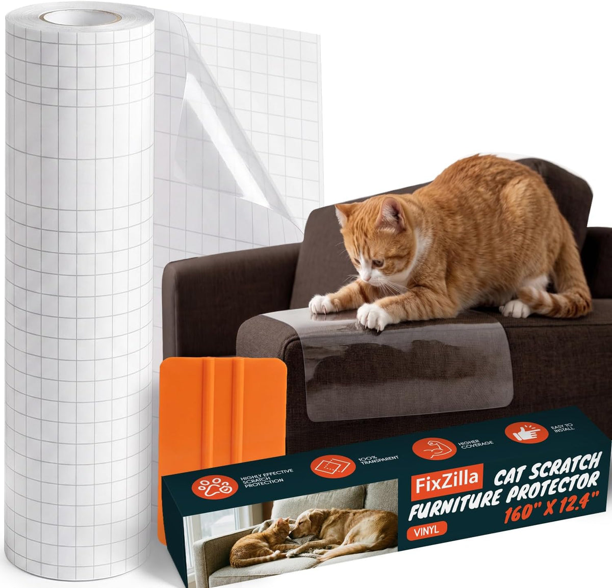 FixZilla Anti Cat Scratch Furniture Protector for Couches, One Sided Adhesive, 12.4" x 160" Soft Flexible Couch Protector from Cat Claws, No Twist Pins Needed, Hugs Corners, Curves, Includes Squeegee
