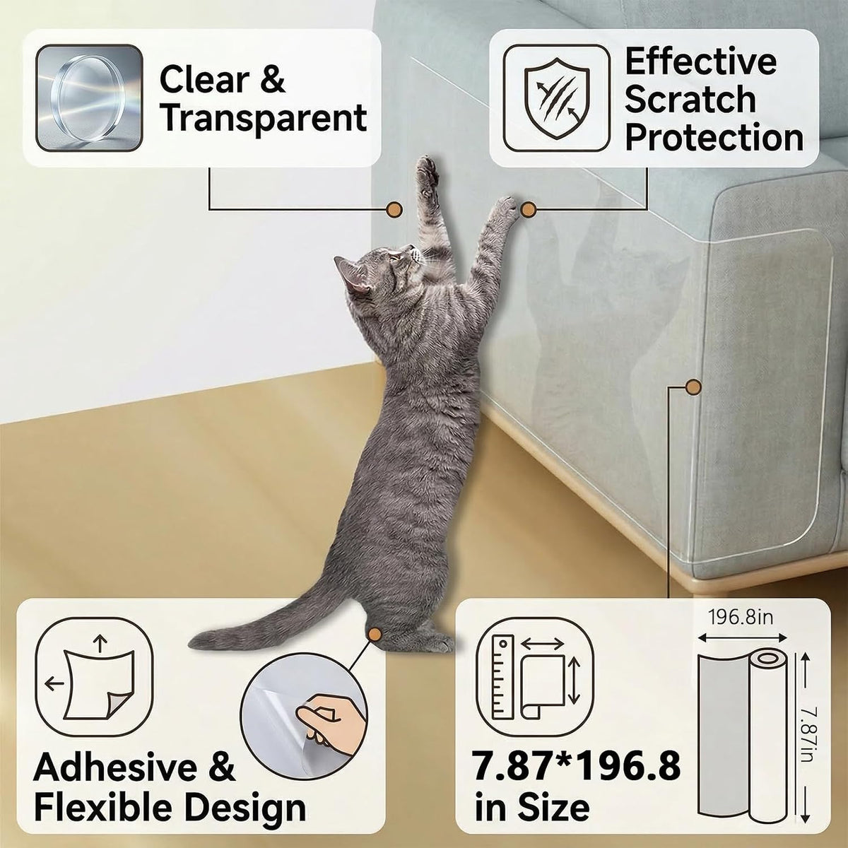 Cat Scratch Furniture Protector, Clear Flexible Plastic Adhesive Cover, Single Side Sticky Sofa Couch Guard, 7.87 x 196.8 Inches