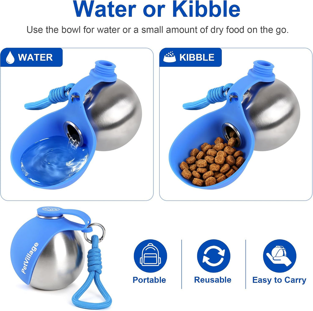 2-in-1 Dog Water Bottle with Foldable Bowl, Portable Leak-Proof Pet Travel Water Dispenser, Stainless Steel Dog Hydration Bottle for Walking, Hiking, Small Dogs & Puppies, PawSip Blue 10oz