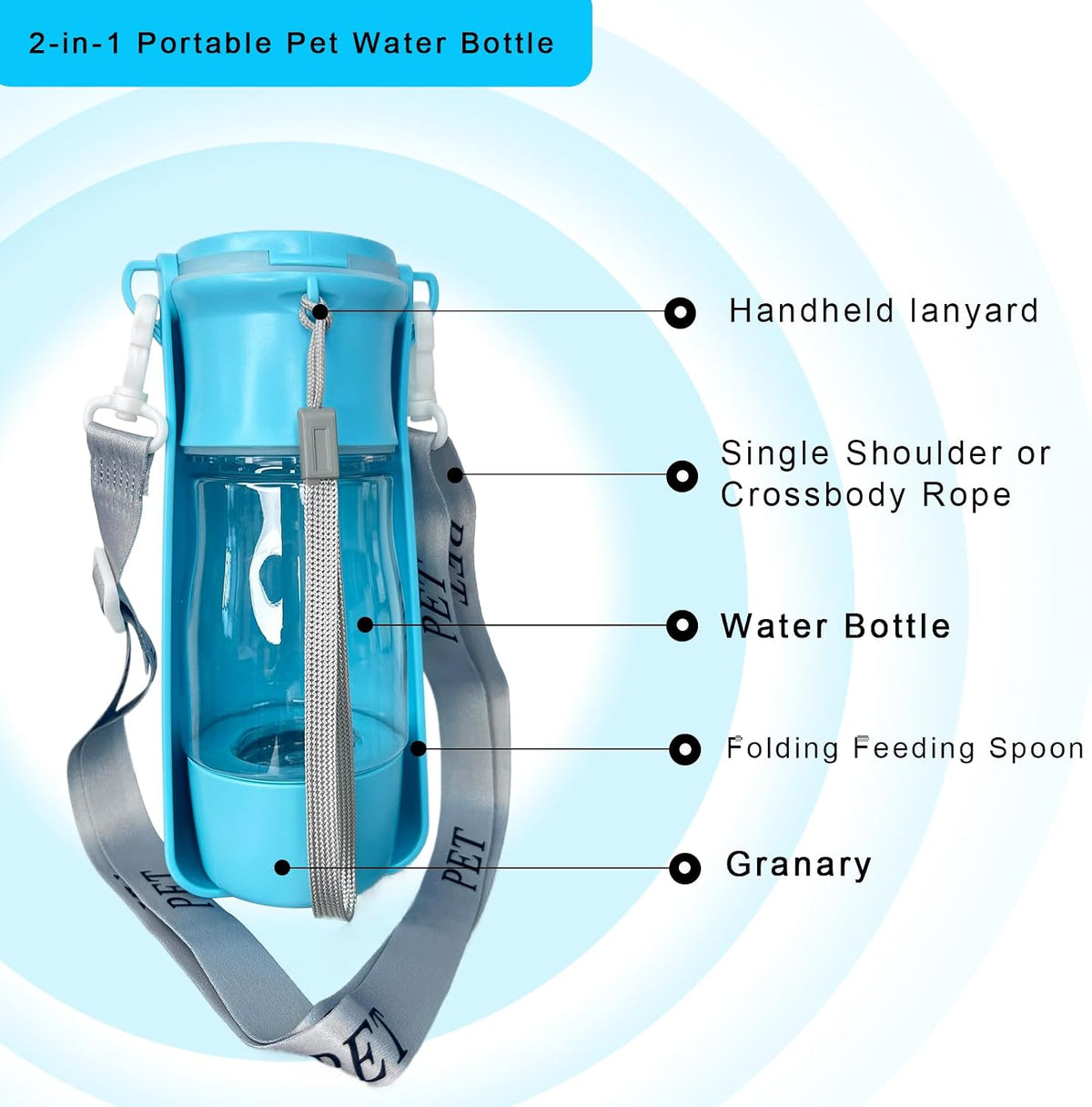 Portable 2-in-1 Pet Water Bottle for Dogs Cats, Leakproof 8oz Travel Bottle with Food Storage, Blue