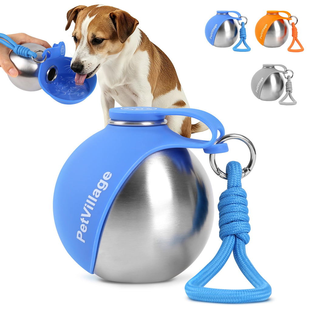 2-in-1 Dog Water Bottle with Foldable Bowl, Portable Leak-Proof Pet Travel Water Dispenser, Stainless Steel Dog Hydration Bottle for Walking, Hiking, Small Dogs & Puppies, PawSip Blue 10oz
