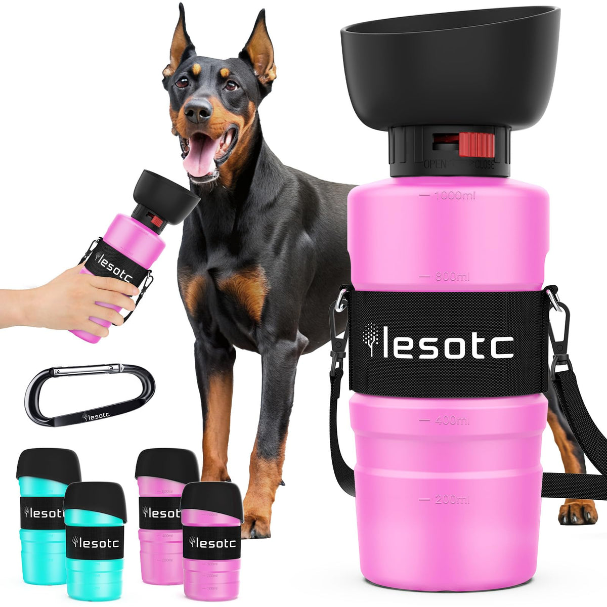 lesotc Dog Water Bottle, Portable Water Dispenser with Bowl, Leak Proof Pet Travel Squeeze Bottle, Puppy Essentials Dog Stuff Accessories for Outdoor Walking, Hiking, Camping