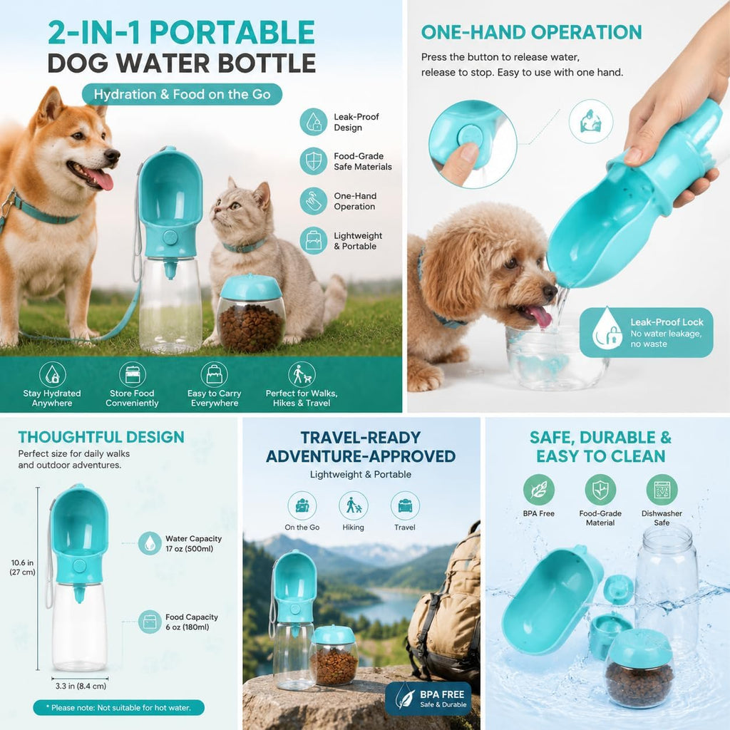 2-in-1 Dog Cat Portable Water & Food Travel Dispenser Bottle (Green)