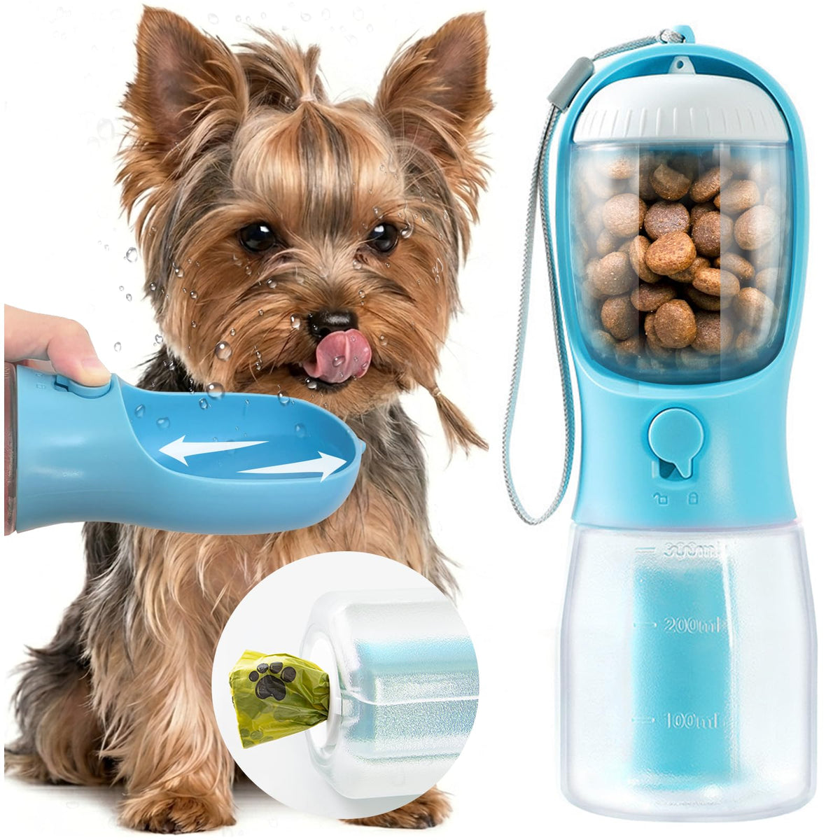 Portable Water Bottle for Dogs, 3 in 1 Pet Travel Bowl Dispenser with Food Treat Container & Poop Bag Holder, Summer Outdoor Walking Hiking Accessories for Large Dog On The Go - Blue, 20oz