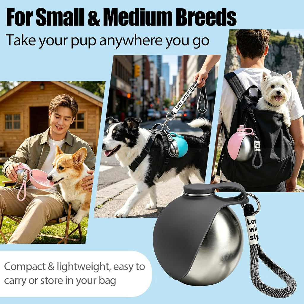 2 in 1 Portable Dog Water Bottle with Foldable Bowl 10oz Gray