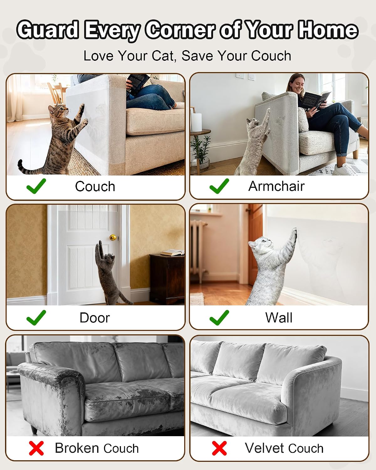 Cat Scratch Furniture Protector Couch - 1 Roll Clear PET 16.9 x 196.8 Inch
