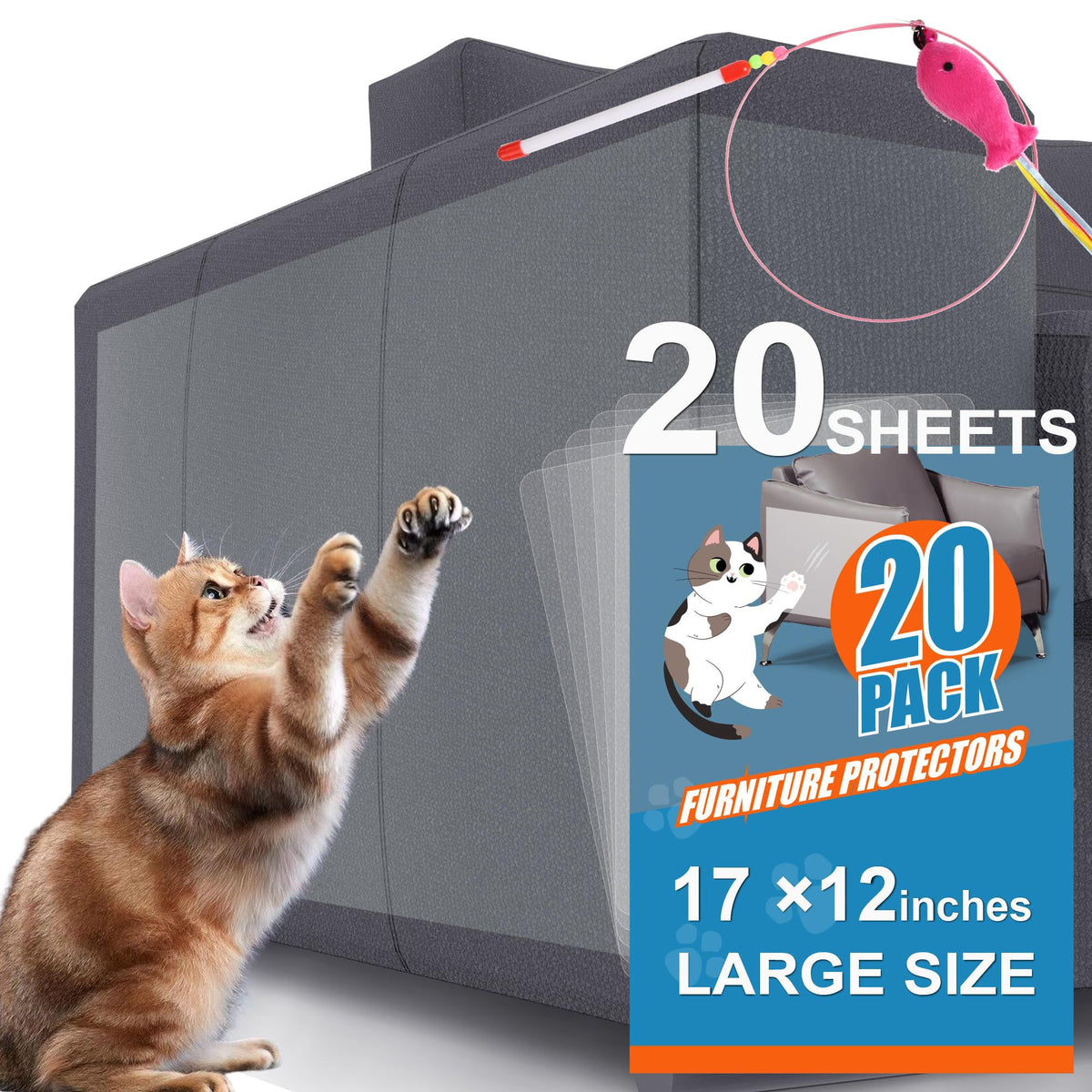 20-Pack Cat Scratch Furniture Couch Protector - Large Size 17x12inch Sofa Protectors Tape from Anti Cats Claws Scratching , Chair Corner Guards Cover for Cat Stop Scratching with 50 Twist Pins and Toy