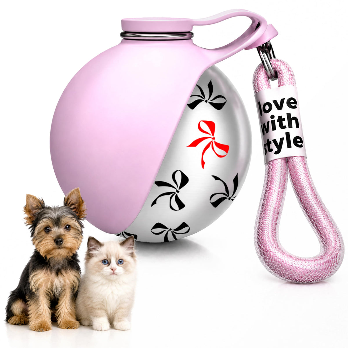 Portable Dog Water Bottle for Walking, 10oz Stainless Steel Pet Water Dispenser with Foldable Silicone Bowl, Leak-Proof Puppy Water Bottle for Small Dogs&Cats,Travel Hiking Outdoor Use(Pink)
