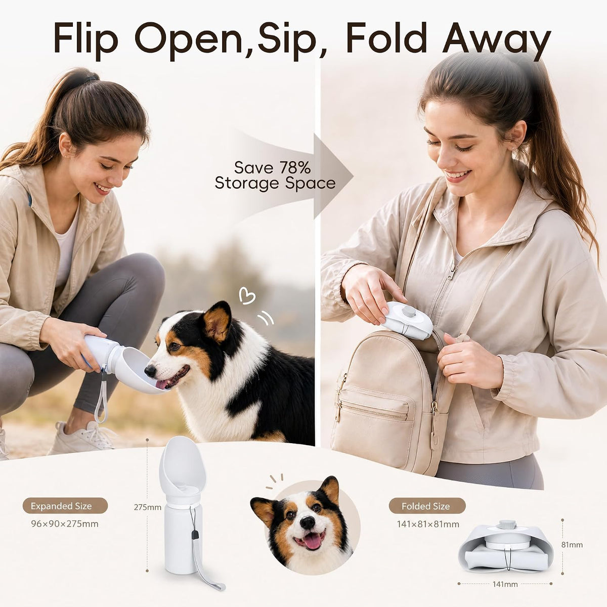 Thalirem Portable Dog Water Bottle with Foldable Bowl, Leak-Resistant