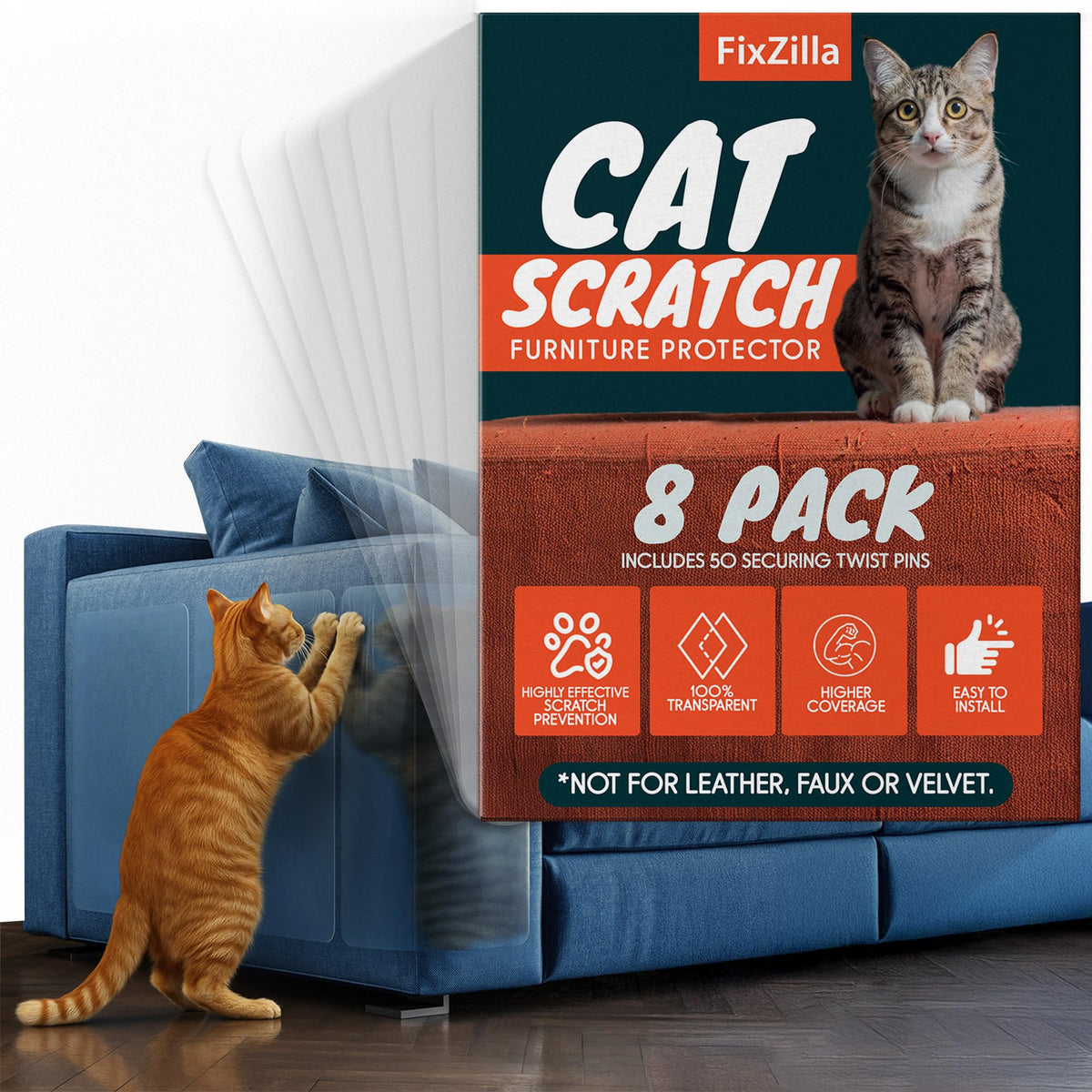 FixZilla Anti Cat Scratch Furniture Protector, 10-Pack Couch Protector from Cat Claws - Heavy-Duty, Easy-to-Apply Scratching Deterrent and Shield for Sofa Corners, Walls, Doors- with 50 Twist Pins