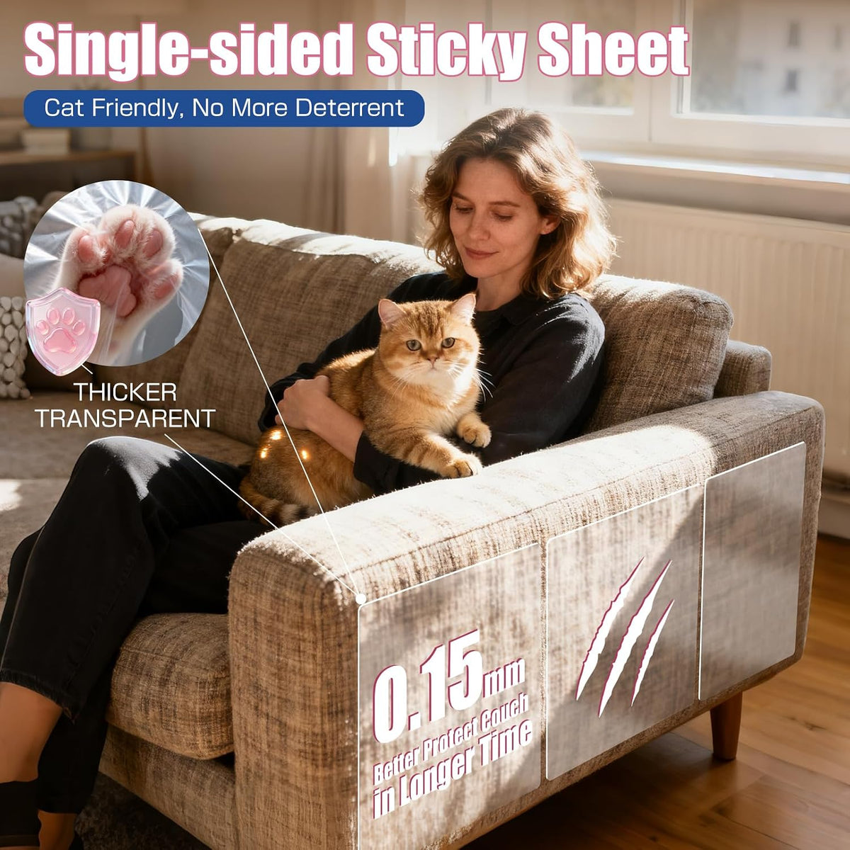 12PCS Cat Scratch Furniture Protector, Single Sided Couch Protectors Tape from Cats Claws Scratching, Transparent Sticky Sheets Proof Clawing Sofa Corner Protection Cover Anti Scratch for Furniture