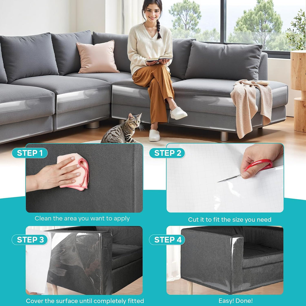 Anti-Cat Scratch Furniture Protector - Clear Vinyl Couch Protector from Cat Claws, Scratch Deterrent Tape for Sofa Corners, Single-Sided Sticky Couch Protector for Cats (200"x 8.3")