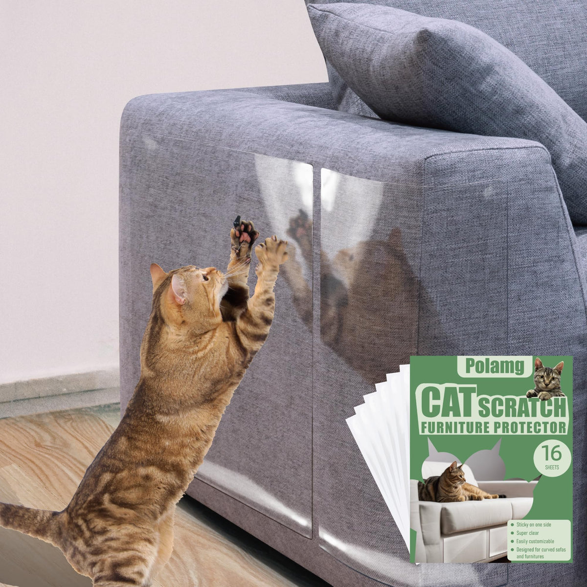 Anti Cat Scratch Furniture Protector 12-Pack Single-Sided, Heavy-Duty Self-Adhesive Tape, No Residue for Couch, Doors & Walls NO PINS