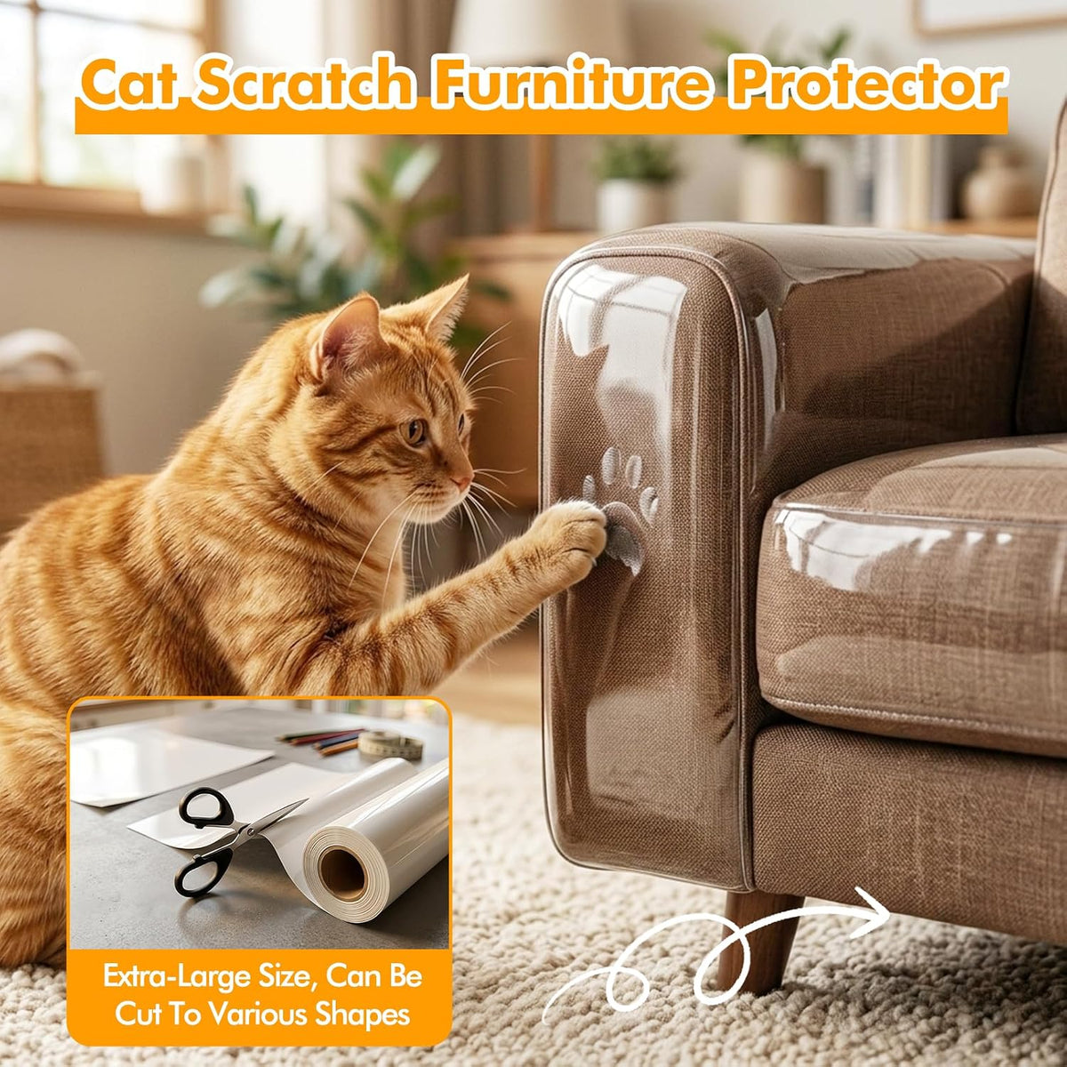 200"x12" Cat Scratch Furniture Protector, Couch Protector from Cat Claws, Heavy Duty Self-Adhesive Anti Scratch Furniture Protector for Sofa Back & Corners, Pet Furniture Guard