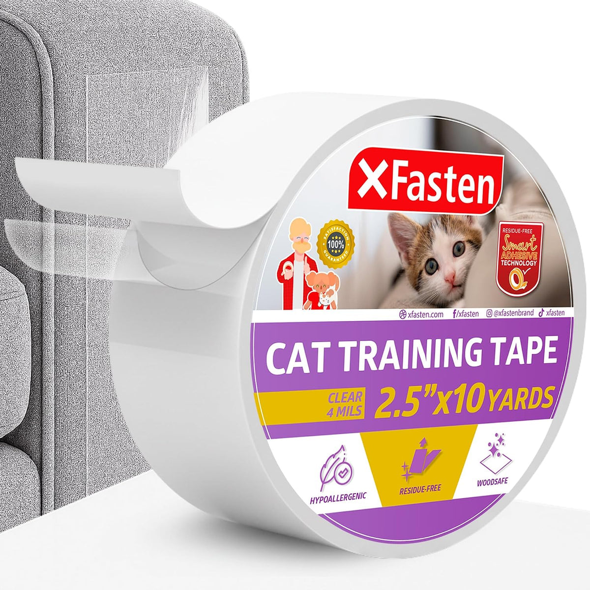 XFasten Double Sided Cat Tape for Furniture 2.5 Inches x 30 Feet, Clear Anti Cat Scratch Tape for Pets, Sticky Anti Scratching, Claw and Paw Deterrent Adhesive for Furniture Protector, Doors, Couches