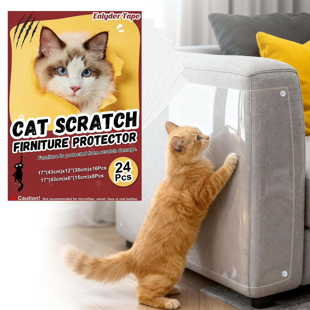 6 Pack Anti Cat Scratch Furniture Protector Clear Self-Adhesive Sofa Protector