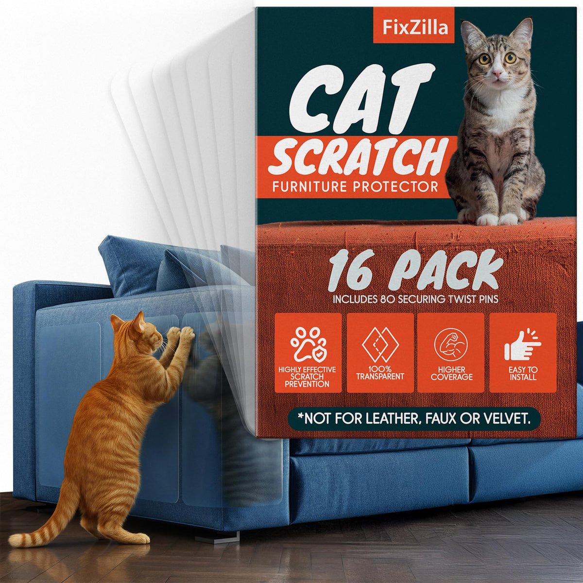 FixZilla Anti Cat Scratch Furniture Protector, 10-Pack Couch Protector from Cat Claws - Heavy-Duty, Easy-to-Apply Scratching Deterrent and Shield for Sofa Corners, Walls, Doors- with 50 Twist Pins