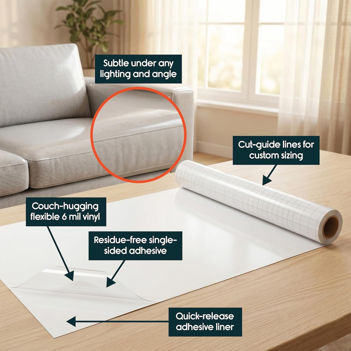 FixZilla Anti Cat Scratch Furniture Protector for Couches, One Sided Adhesive, 12.4" x 160" Soft Flexible Couch Protector from Cat Claws, No Twist Pins Needed, Hugs Corners, Curves, Includes Squeegee