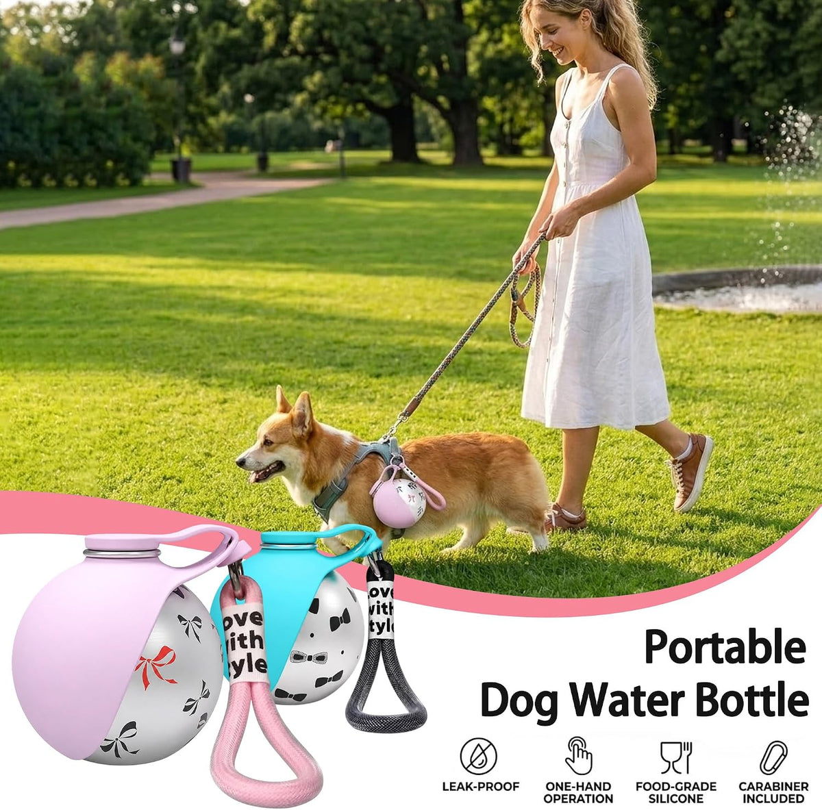 Portable Pet Water Bottle & Collapsible Dog Bowls, Spill Proof Water Dispenser, Cat Food Container & Dog Treat Holder, Small Size Pet Supplies Travel Accessories for Puppy