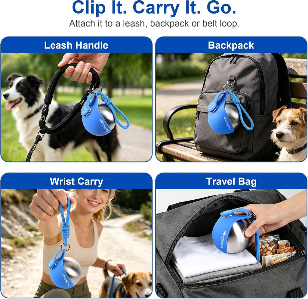 2-in-1 Dog Water Bottle with Foldable Bowl, Portable Leak-Proof Pet Travel Water Dispenser, Stainless Steel Dog Hydration Bottle for Walking, Hiking, Small Dogs & Puppies, PawSip Blue 10oz