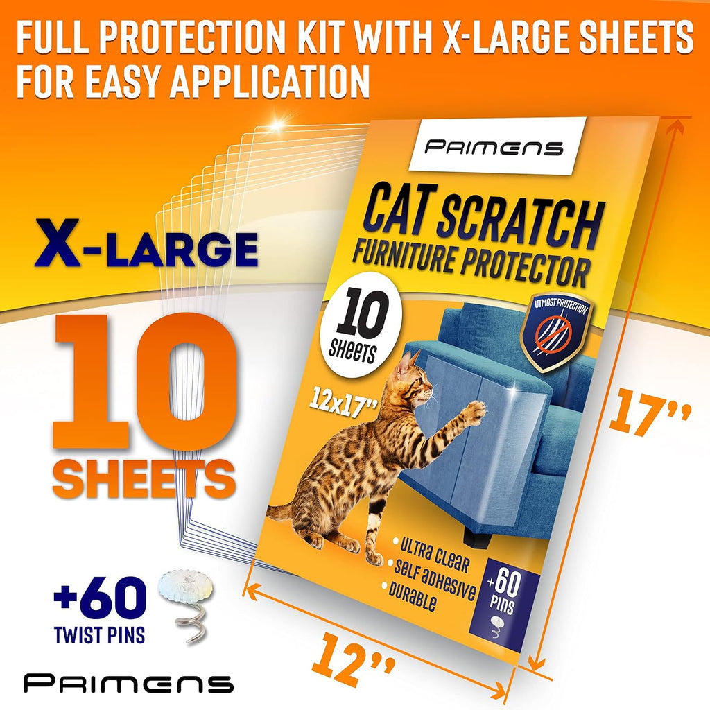 Heavy Duty Cat Scratch Deterrent Furniture Protectors for Sofa, Doors, Clear Couch Protectors from Cats Scratching, Anti Cat Scratch Tape Guards (Transparent, 10 Sheets 17x12)