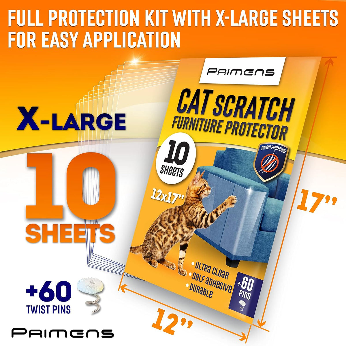 Heavy Duty Cat Scratch Deterrent Furniture Protectors for Sofa, Doors, Clear Couch Protectors from Cats Scratching, Anti Cat Scratch Tape Guards (Transparent, 10 Sheets 17x12)