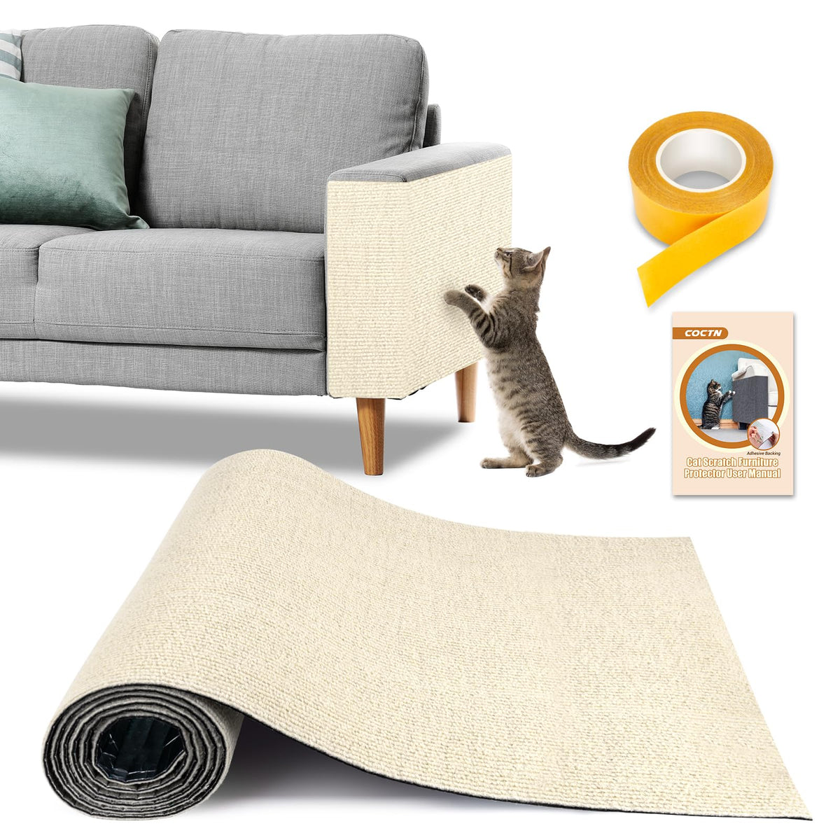 Cat Scratch Couch Protector, 90"x16" Trimmable Anti-Scratch with Grid Tape