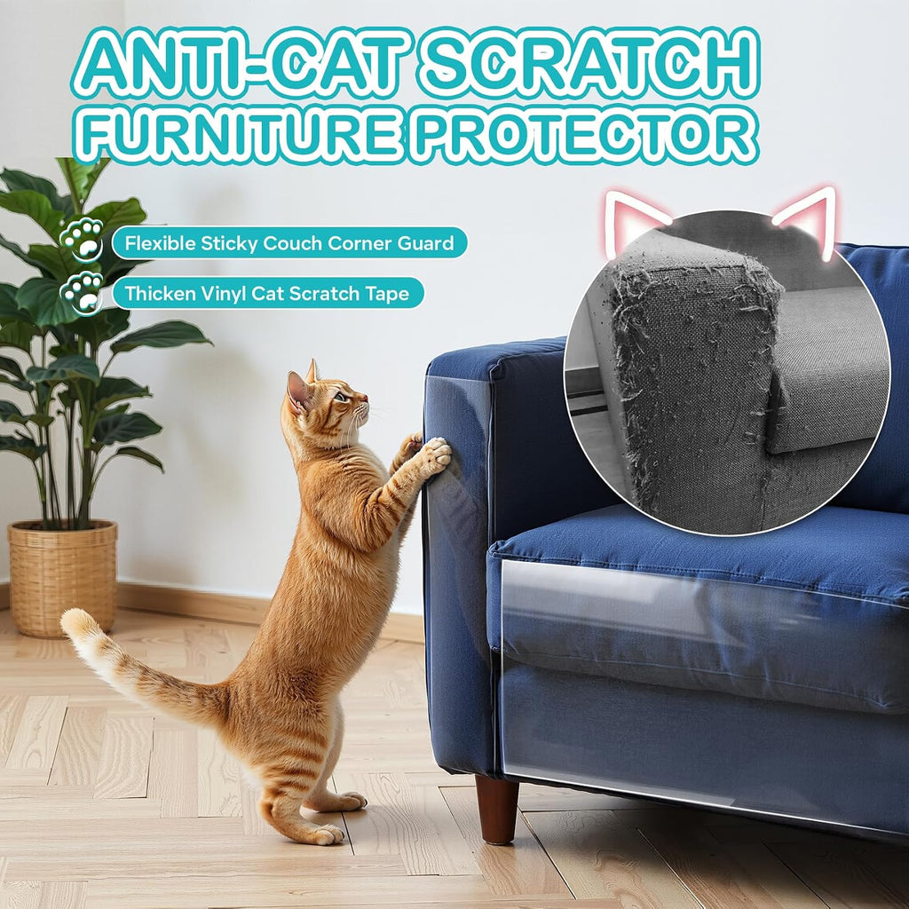 Anti-Cat Scratch Furniture Protector - Clear Vinyl Couch Protector from Cat Claws, Scratch Deterrent Tape for Sofa Corners, Single-Sided Sticky Couch Protector for Cats (200"x 8.3")
