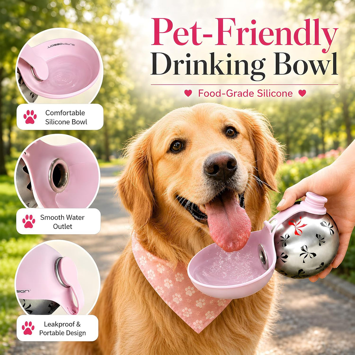 Portable Dog Water Bottle, 2-in-1 Stainless Steel Pet Water Dispenser with Bowl, Leak Proof, Lightweight with Lanyard,Water Bottle for Walking Travel Hiking,10oz for Small Medium Dogs