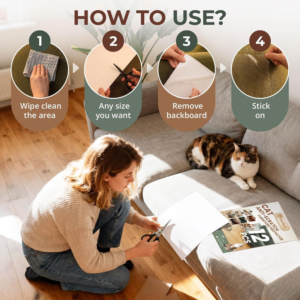 Cat Scratch Furniture Protector, 12 Pack Self Adhesive Tape, Heavy Duty Flexible Corner Guards for Couch, Sofa, Doors, Walls, Chairs, Armrests, No Residue, No Pins, Cat Scratch Protection Kit