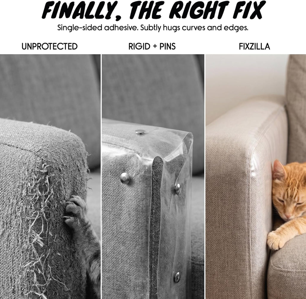 FixZilla Anti Cat Scratch Furniture Protector for Couches, One Sided Adhesive, 12.4" x 160" Soft Flexible Couch Protector from Cat Claws, No Twist Pins Needed, Hugs Corners, Curves, Includes Squeegee