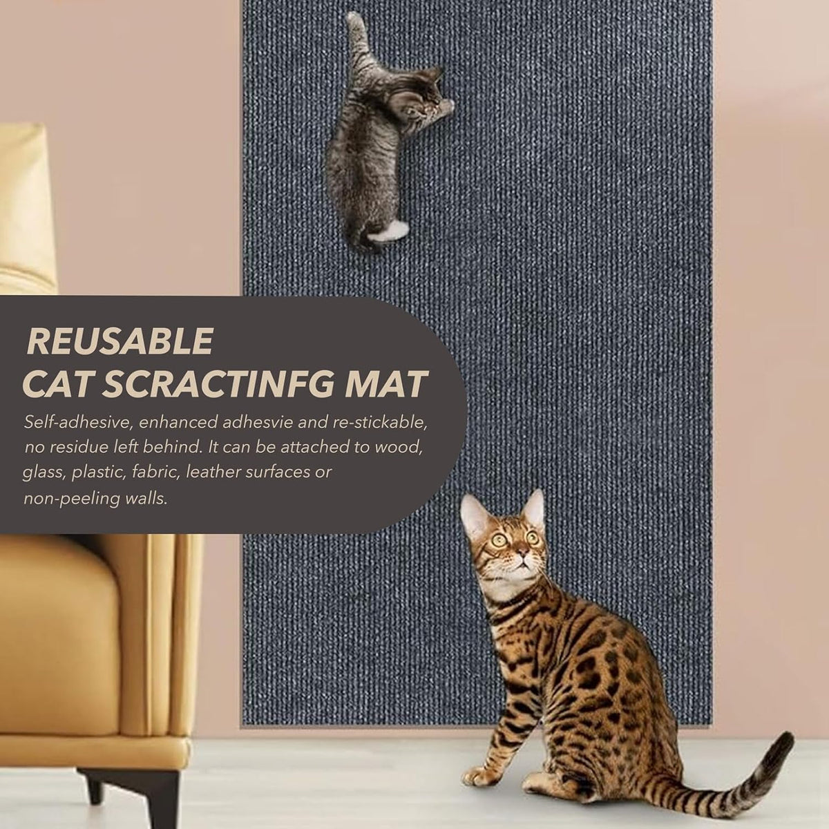 78.7"X15.8" Cat Scratching Mat, Self-Adhesive Cat Scratch Carpet, DIY Cats Scratch Furniture Protector for Couch, Sofa, Wall & Door, Durable Furniture Guards Couch Scratcher from Cats Claws, Dark Grey